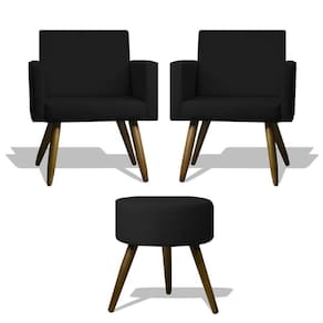 Conjunto 2 Poltronas 1 Puff Redondo Pés Palito Suede Preto