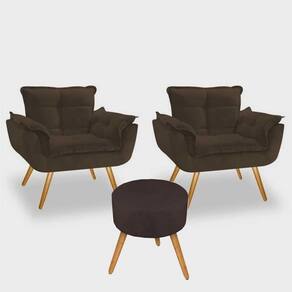 Conjunto 2 Poltronas 1 Puff Redondo Pés Palito Suede Marrom