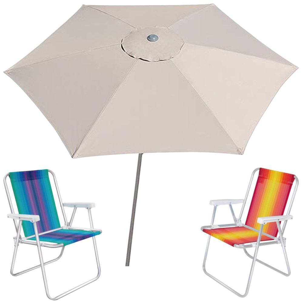 Kit Guarda Sol Ombrelone 2,4m Malibu Bege 2 Cadeira Alta Alumínio Praia Piscina Camping - Tobee