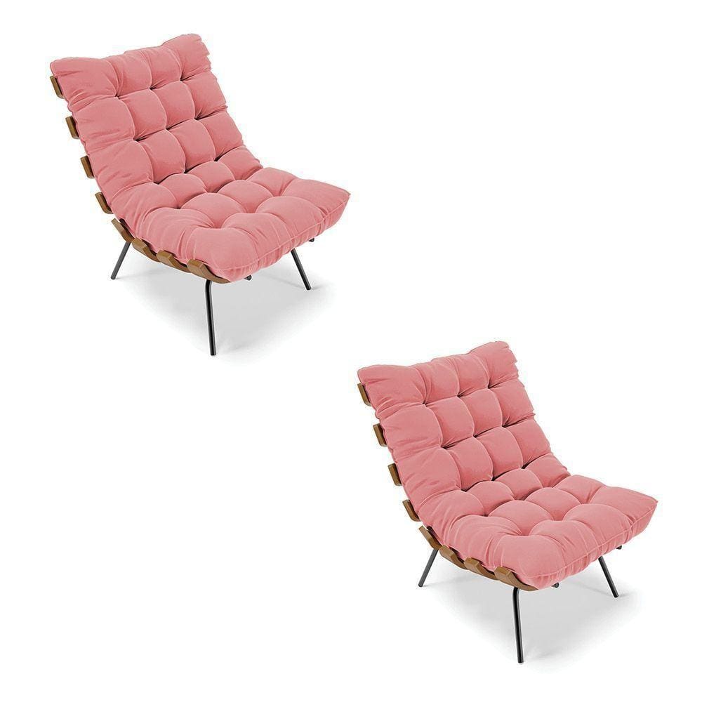 Kit 02 Poltronas Costela Suede Base Metálica Preto Rose