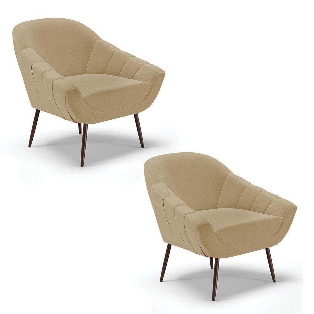 Kit 02 Poltronas Linho Palha A32 Pés Palito Ferro