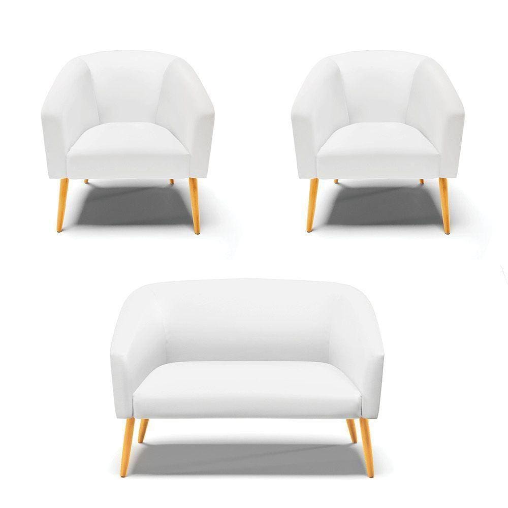 Kit 1 Namoradeira E 02 Poltronas Branco Pés Palito Castanho