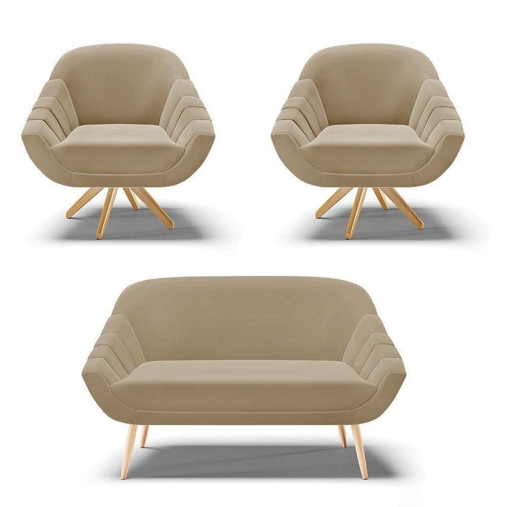 Kit 1 Namoradeira E 2 Poltronas Giratória Suede Marrom Rato