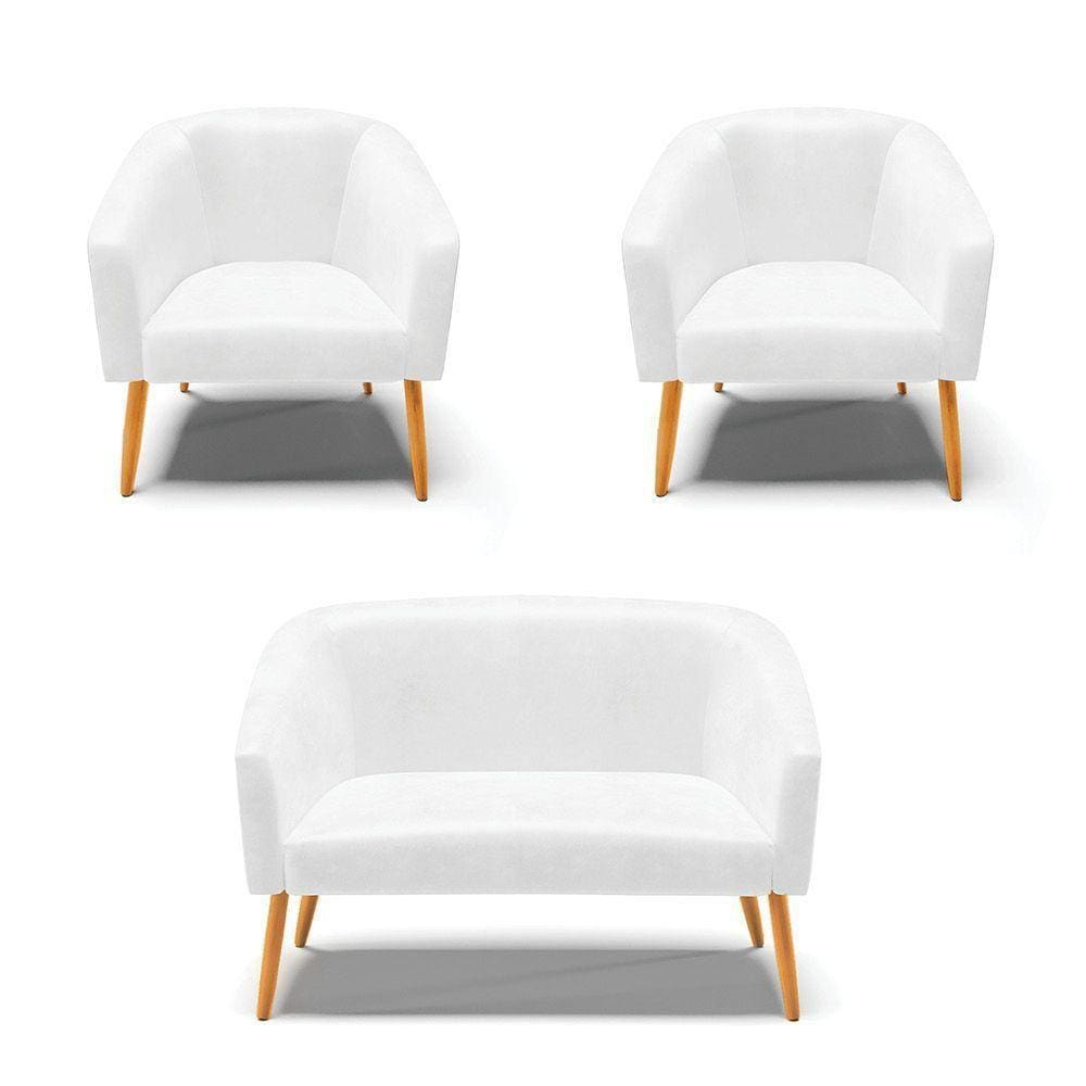 Kit 1 Namoradeira E 02 Poltronas Pés Palito Castanho Branco