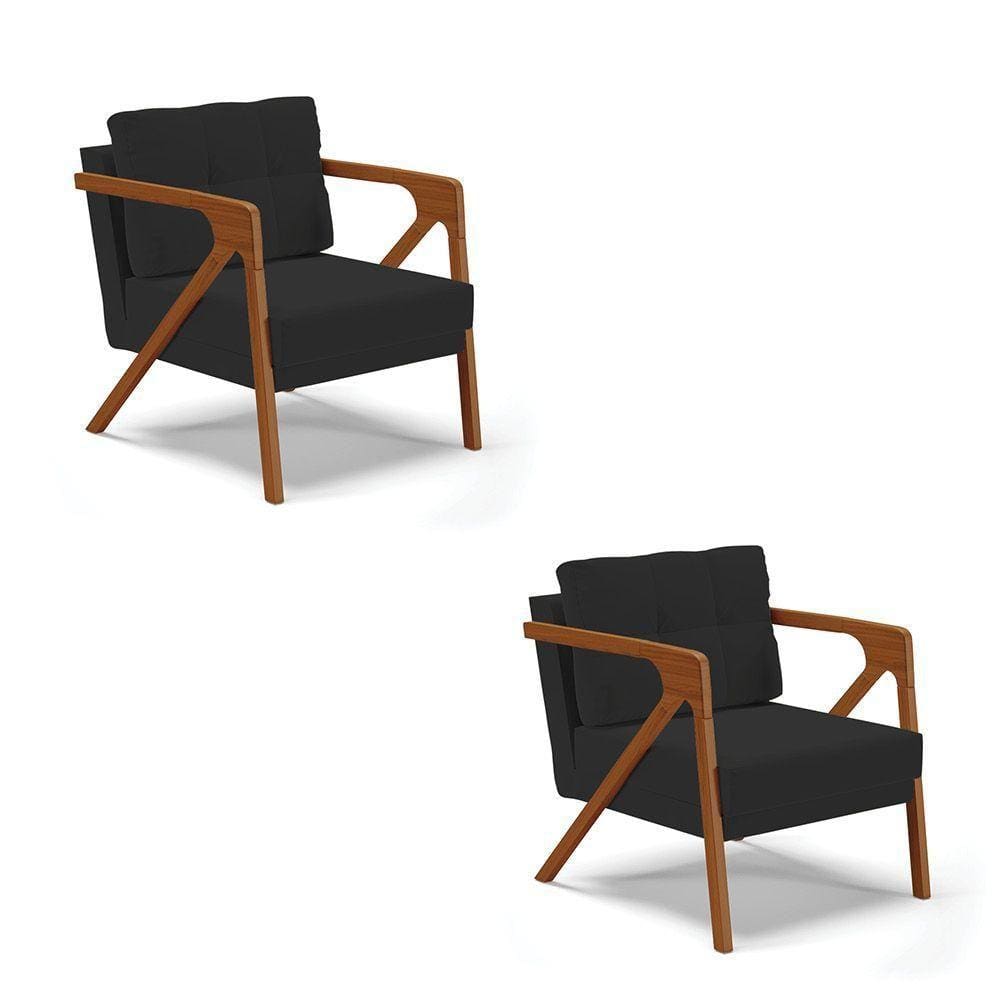 Kit 02 Poltronas Veludo Preto Base De Madeira Castanho