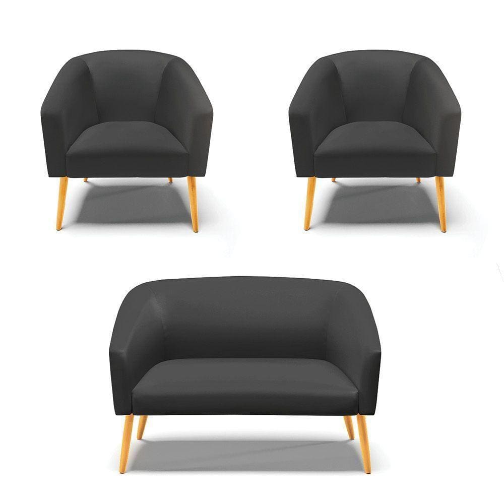 Kit 1 Namoradeira E 02 Poltronas Pés Palito Castanho Preto