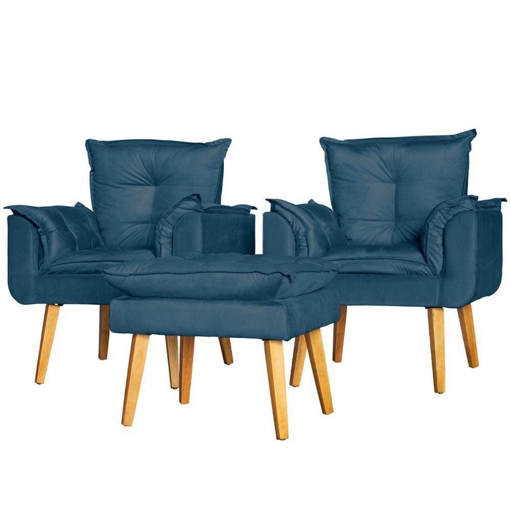 Conjunto 2 Poltronas Para Sala E Puff Suede Azul
