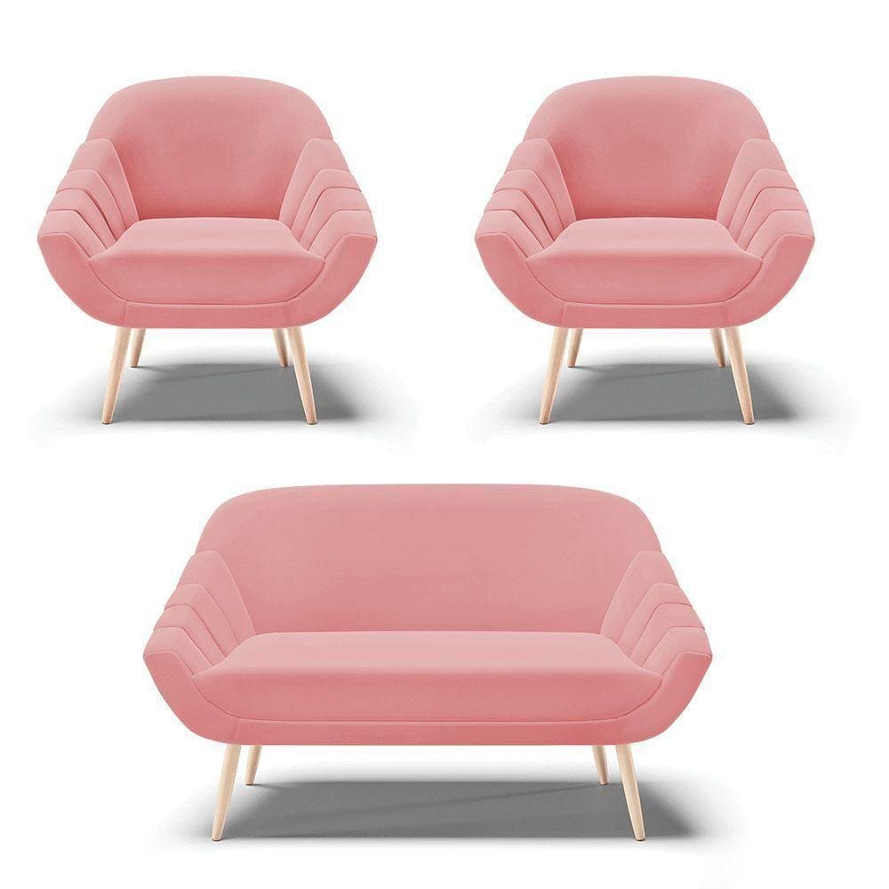 Kit 01 Namoradeira E 02 Poltronas Suede Natural Rose
