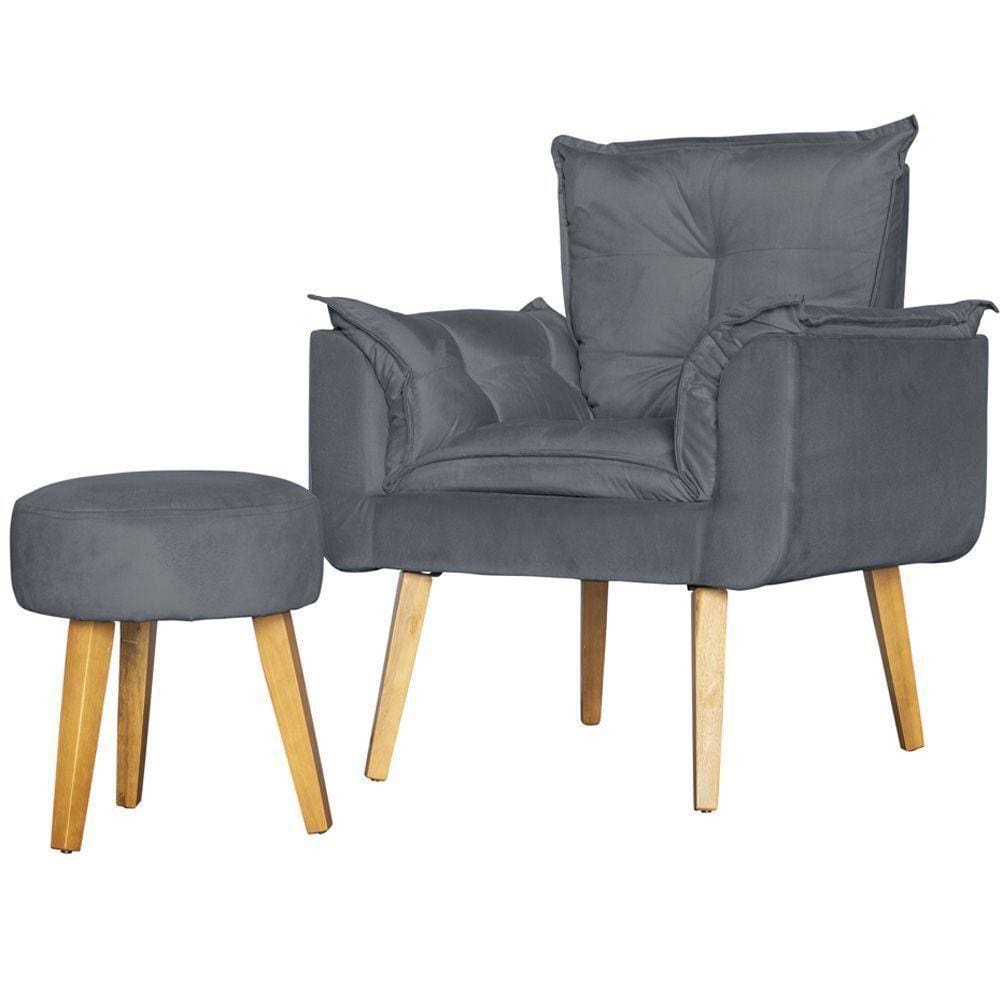 Conjunto Poltrona Para Sala E Puff Redondo Suede Cinza