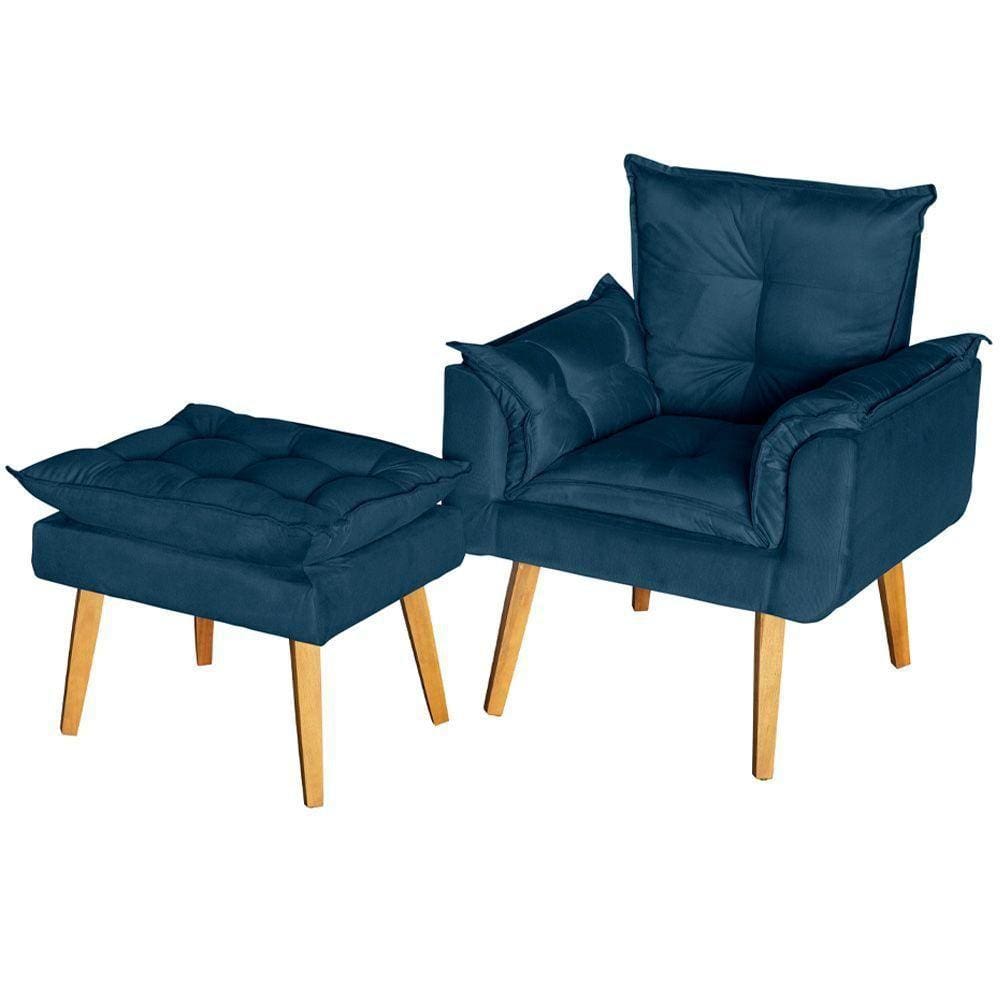 Conjunto Poltrona Para Sala E Puff Suede Azul