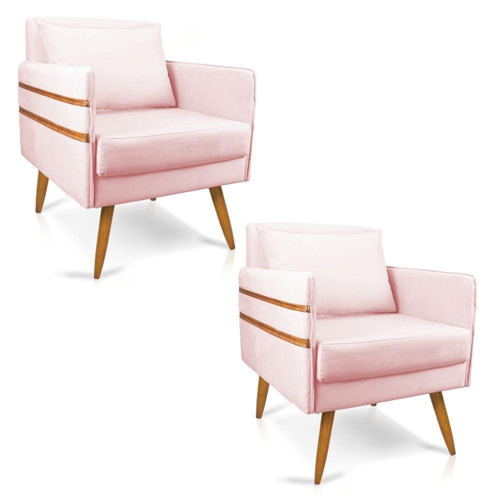 Kit 02 Poltronas Mari Suede Rosa Bebê Pés Palito Castanho