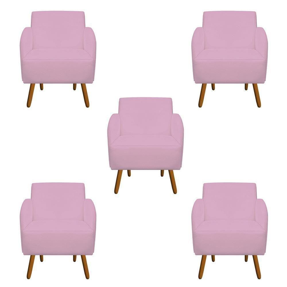 Kit 05 Poltronas Decorativa Laura Pés Palito Suede Rosa Bebê