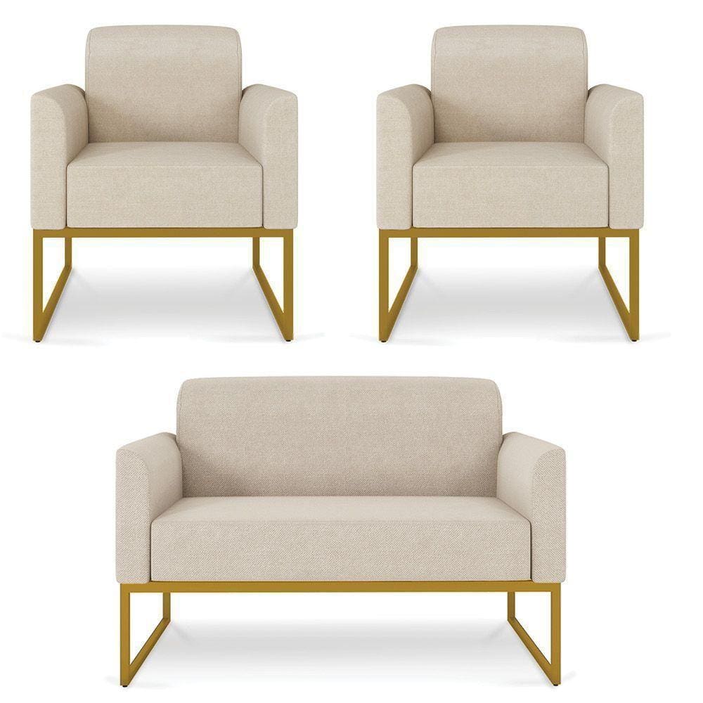 Kit 01 Namoradeira 02 Lugares E 02 Poltronas Marisa Linho Base Industrial Metálica Dourado Cor A27 Areia