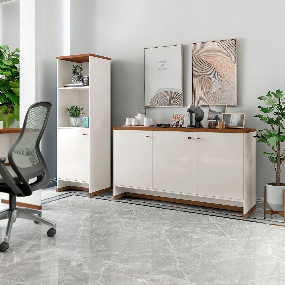 Kit Sala Jantar e Estar Aparador 3 Portas e Livreiro Offwhite/naturale
