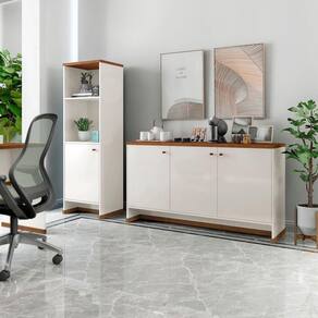 Kit Sala Jantar e Estar Aparador 3 Portas e Livreiro Offwhite/naturale