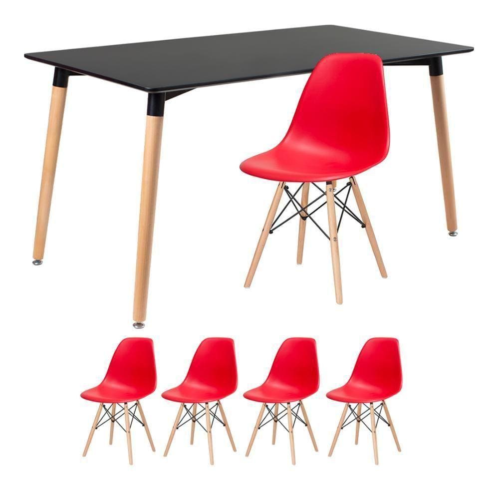 Mesa De Jantar Retangular Preto + 4 Cadeiras Vermelho
