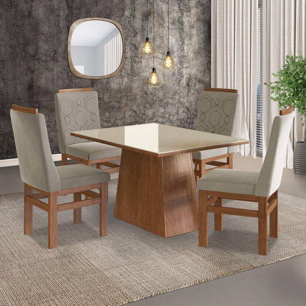 Conjunto Mesa 120x82cm e 4 Cadeiras Madeira Maciça Móveis Zamarchi Marrom/Off White