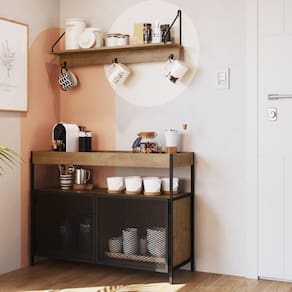 Conjunto Balcão Buffet Café Bar 100cm 2 Portas e Prateleira 90cm Aço Expandido Industrial Artesano Vermont/Preto
