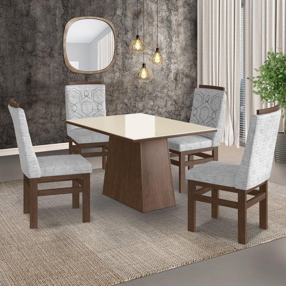 Conjunto Sala de Jantar Mesa 90x120cm Tampo Vidro com 4 Cadeiras Madeira Maciça Tecido Linho Zamarchi Marrom/Off White