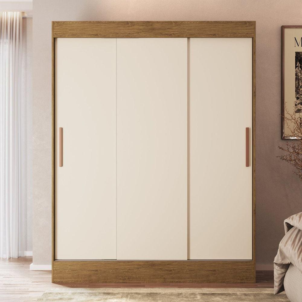 Guarda Roupa Casal 3 Portas de Correr 2 Gavetas Marselha Móveis Doripel Off White/Nogueira