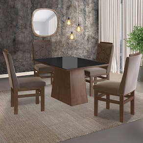 Conjunto Sala de Jantar Mesa 90x120cm Tampo Vidro com 4 Cadeiras Madeira Maciça Tecido Joli Zamarchi Marrom/Preto