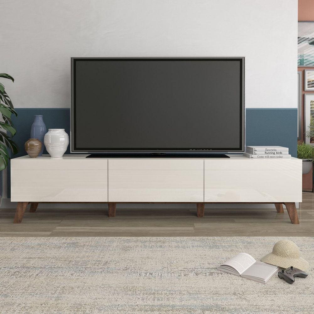 Rack para TV até 70 Polegadas 220cm 3 Gavetas Retrô Manchester Yescasa Off White/Pinho