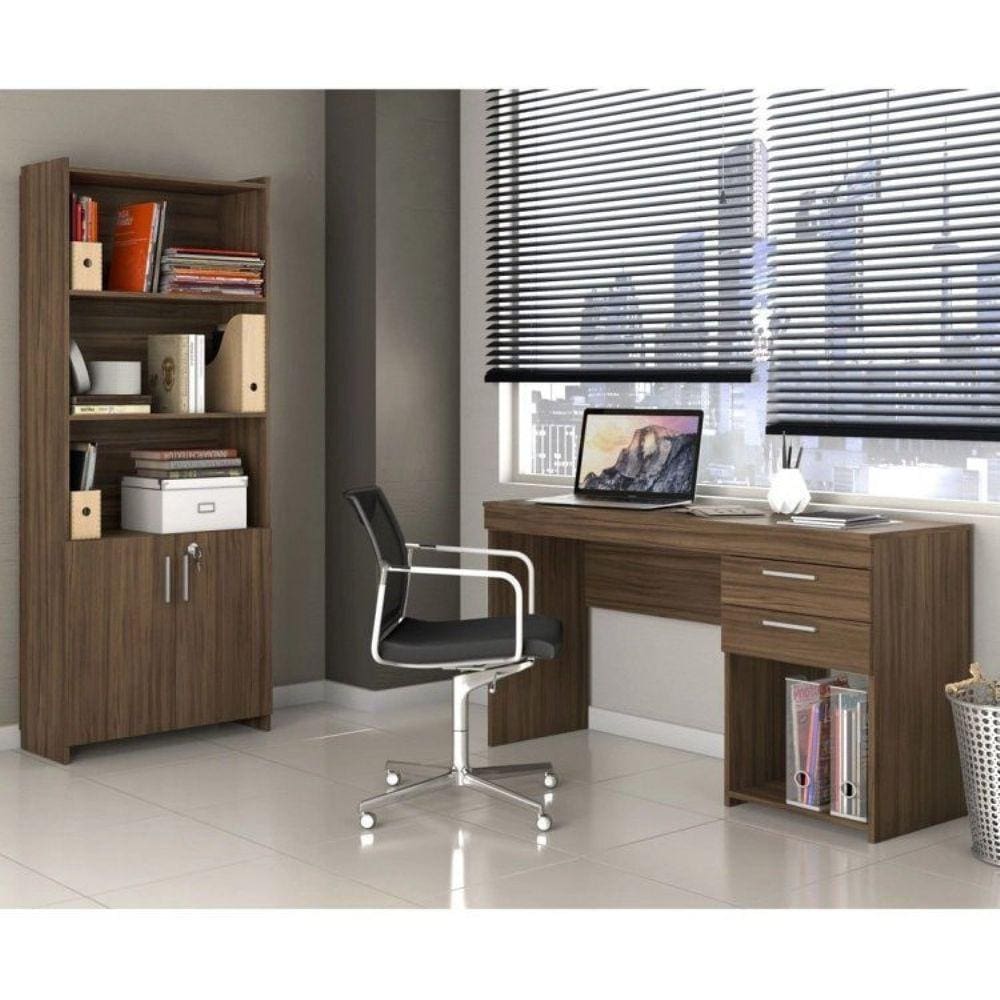 Conjunto Home Office 2 Peças Escrivaninha 2 Gavetas 1 Armário 2 Portas 2 Prateleiras Espresso Móveis Nogal Trend