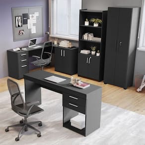 Conjunto Home Office 4 Peças 1 Mesa em L 1 Escrivaninha 2 Armários Espresso Móveis Preto Tx