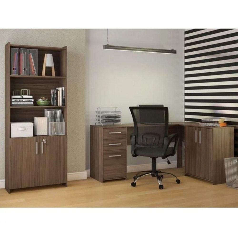 Conjunto Home Office 2 Peças 1 Mesa em L 2 Gavetas 3 Portas 1 Armário 2 Portas 2 Prateleiras Espresso Móveis Nogal Trend