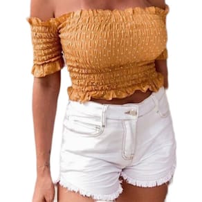 Shortinho Feminino Muito Elastano Barra Desfiada com Bolsos