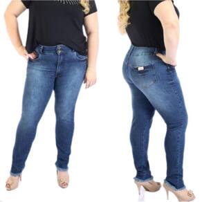 Calça Fem Plus Size Básica Cós Largo Com Barra Desfiada