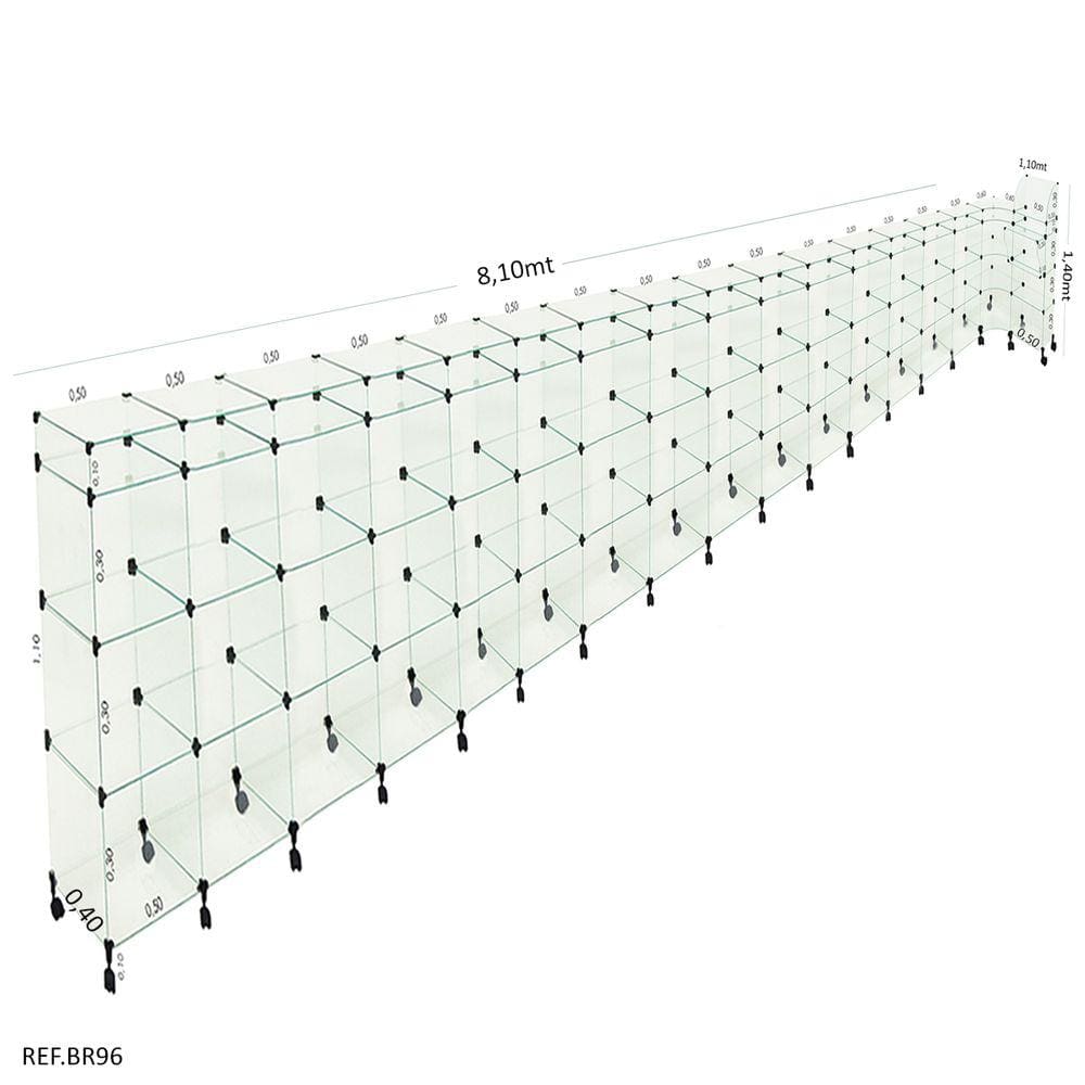 Balcão de vidro L Caixa + Rodizio 8,10 x 1,10 x 1,10 x 0,40