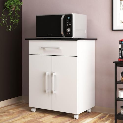 imagem-Balcão Gabinete Armário Multiuso Espaço Para Microondas Com Rodízios 2 Portas Gaveta Cozinha Branco