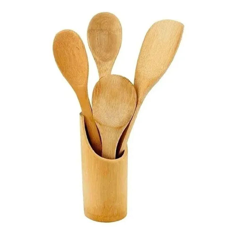 Kit Colher De Pau Utensílios Em Bambu 5 Peças com Suporte