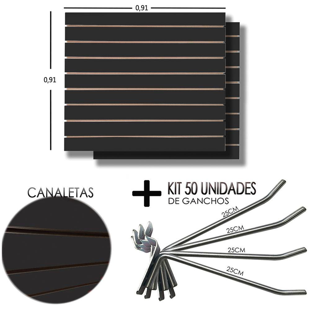 2 Paineis Canaletado Preto - 0,91 x 0,91 + 50 Gancho 25cm + Canaletas Preta