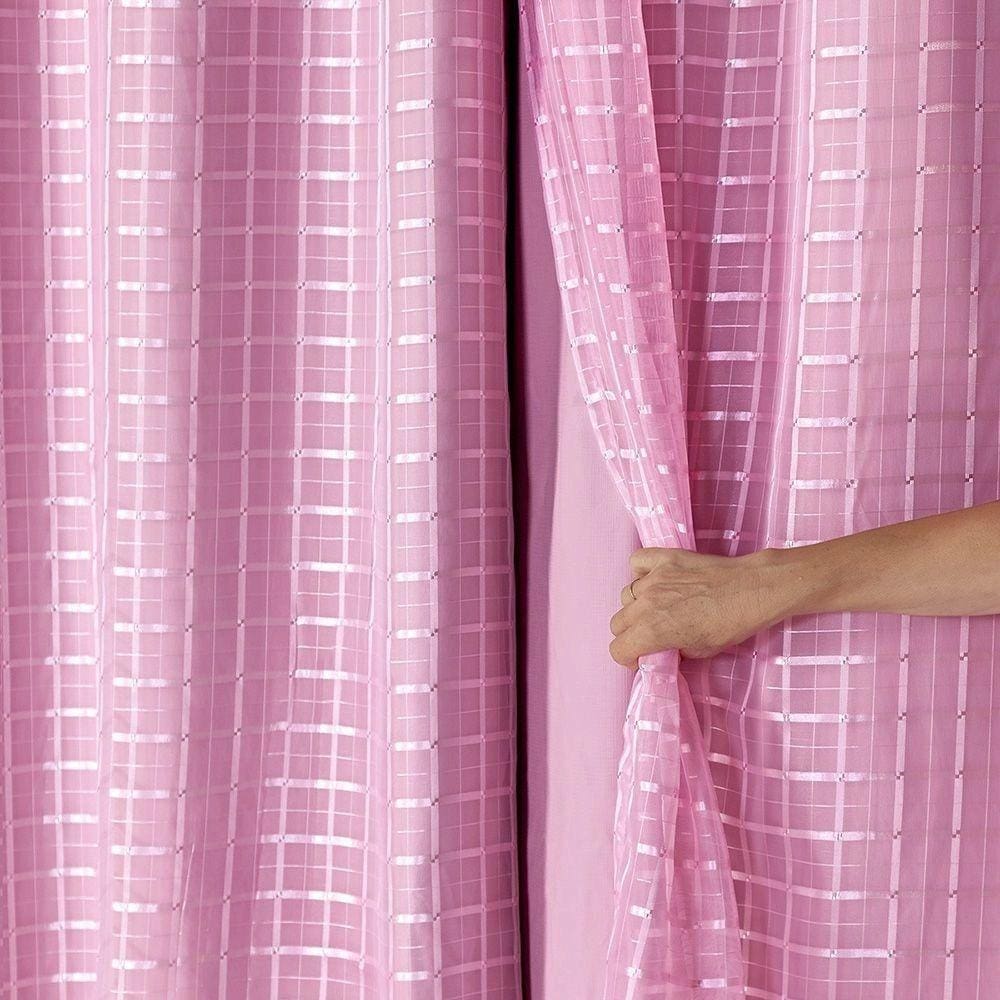 Cortina Voil Xadrez Com Forro Blackout 3,00 x 2,30 Rosa