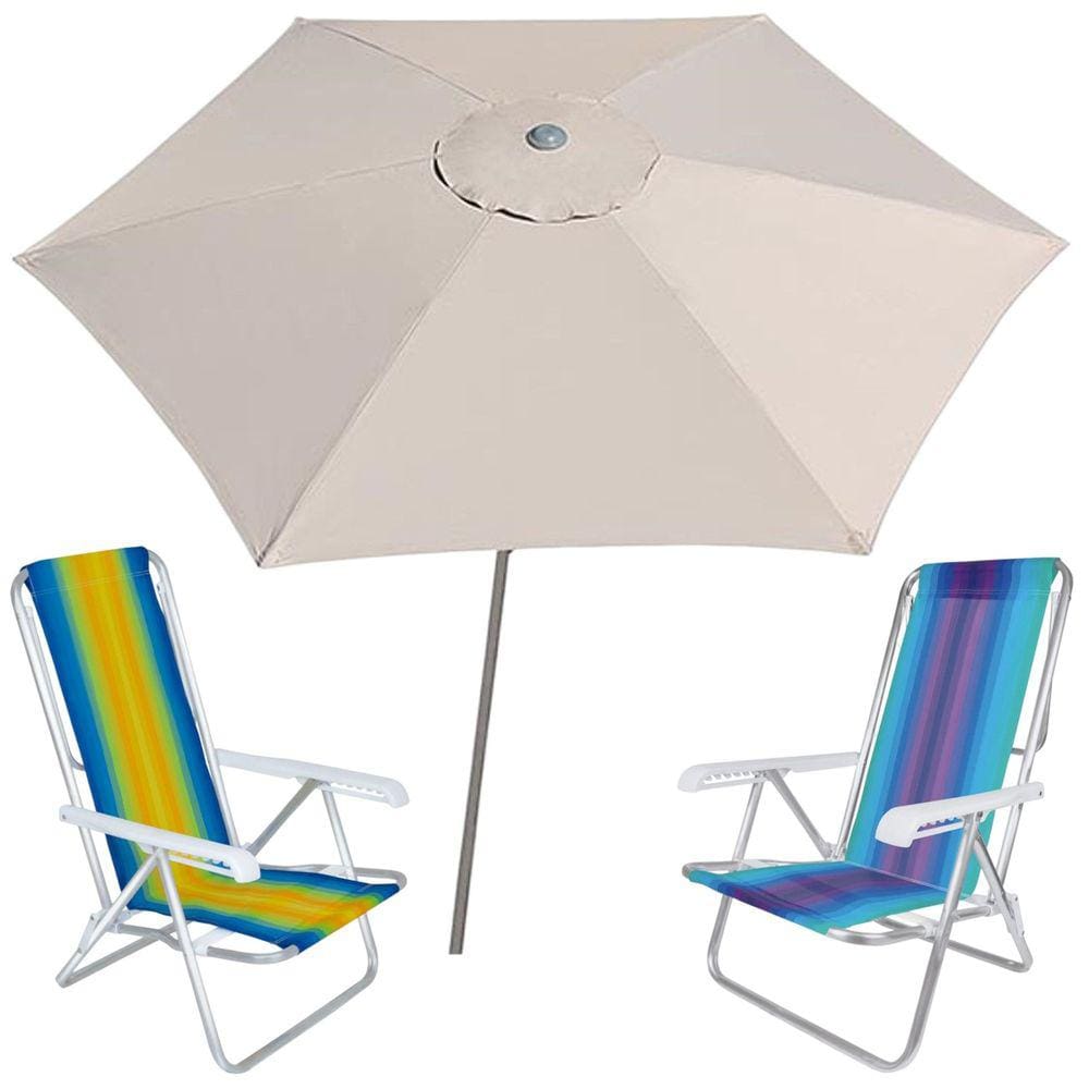 Kit Guarda Sol Ombrelone 2,4m Malibu Bege 2 Cadeira 8 Posições Alumínio Praia Piscina Camping - Tobee