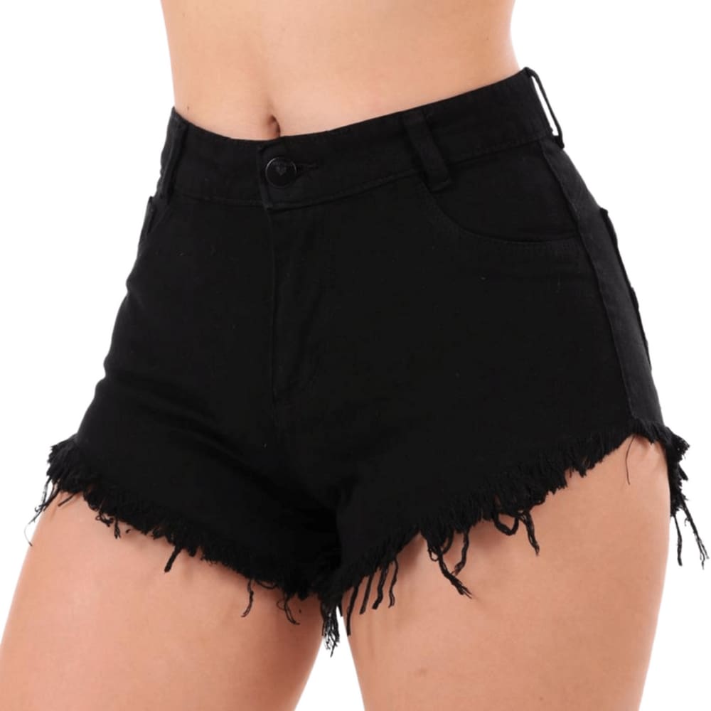 Shorts Jeans Preto Feminino Cintura Alta Detalhe Barra Desfiada.