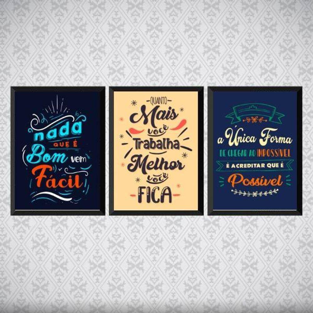Kit 3 Quadros Frases Motivacionais De Trabalho 24X18Cm Preta