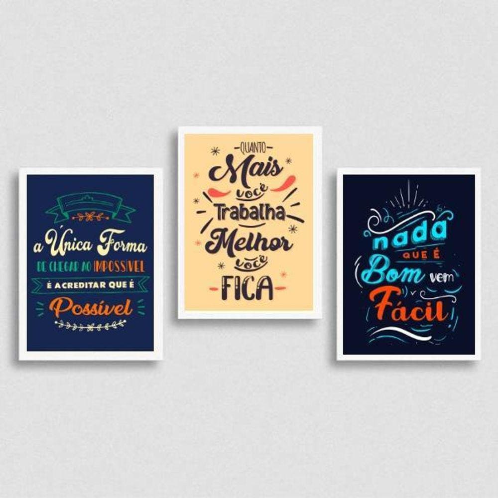 Kit 3 Quadros Frases Motivacionais De Trabalho 45X34Cm Preta