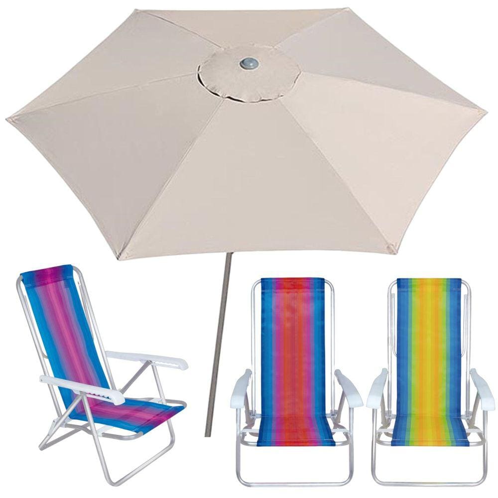 Kit Guarda Sol Ombrelone 2,4m Malibu Bege 3 Cadeira 8 Posições Alumínio Praia Piscina Camping - Tobee