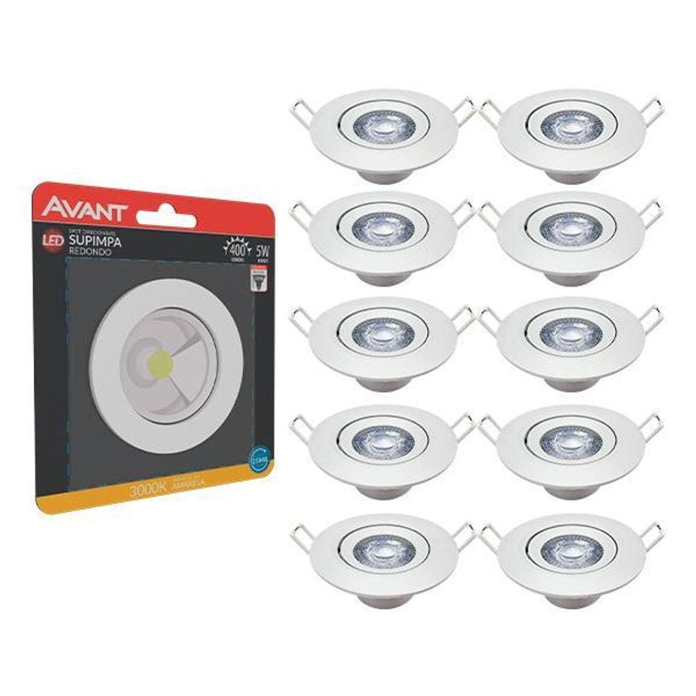 Kit 10 Spot 5w 3000K Led Direcional Embutir Gesso Teto Avant