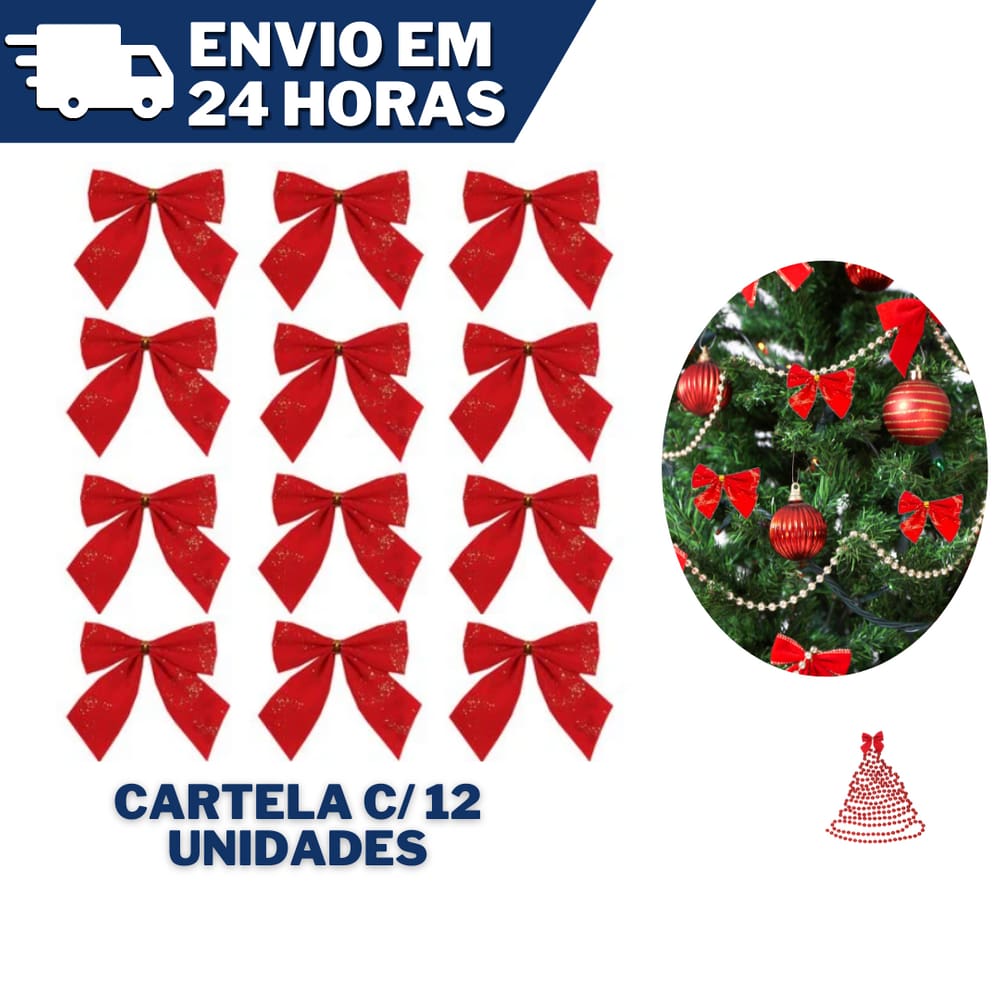 Kit 12 Laços Vermelho Com Glitter Enfeite De Natal 6,5 cm