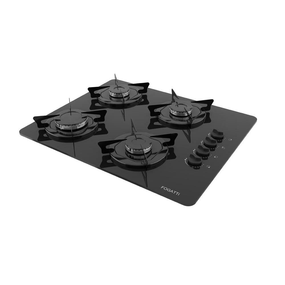 Cooktop Fogatti à Gás FGT 4B Vidro Preto Flange Esmaltada