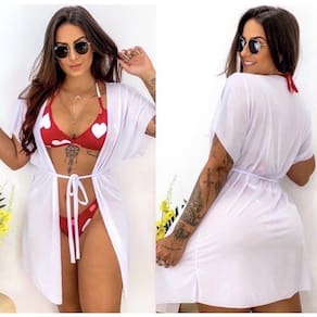 Saída de Praia Branca Com Detalhe Em Amarração Na Cintura Moda Feminina Verão.