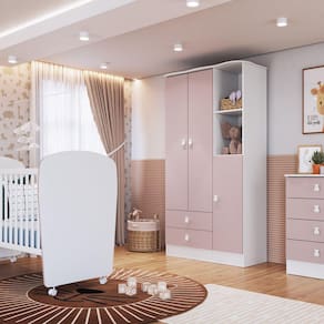 Quarto de Bebê Completo com 1 Berço 1 Cômoda 1 Guarda Roupa Arco-Íris Branco/Rosa Móveis Percasa