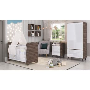 Quarto de Bebe Completo 3 Peças 1 Cômoda 1 Roupeiro 1 Berço Pipoca Móveis Percasa Carvalho/Branco