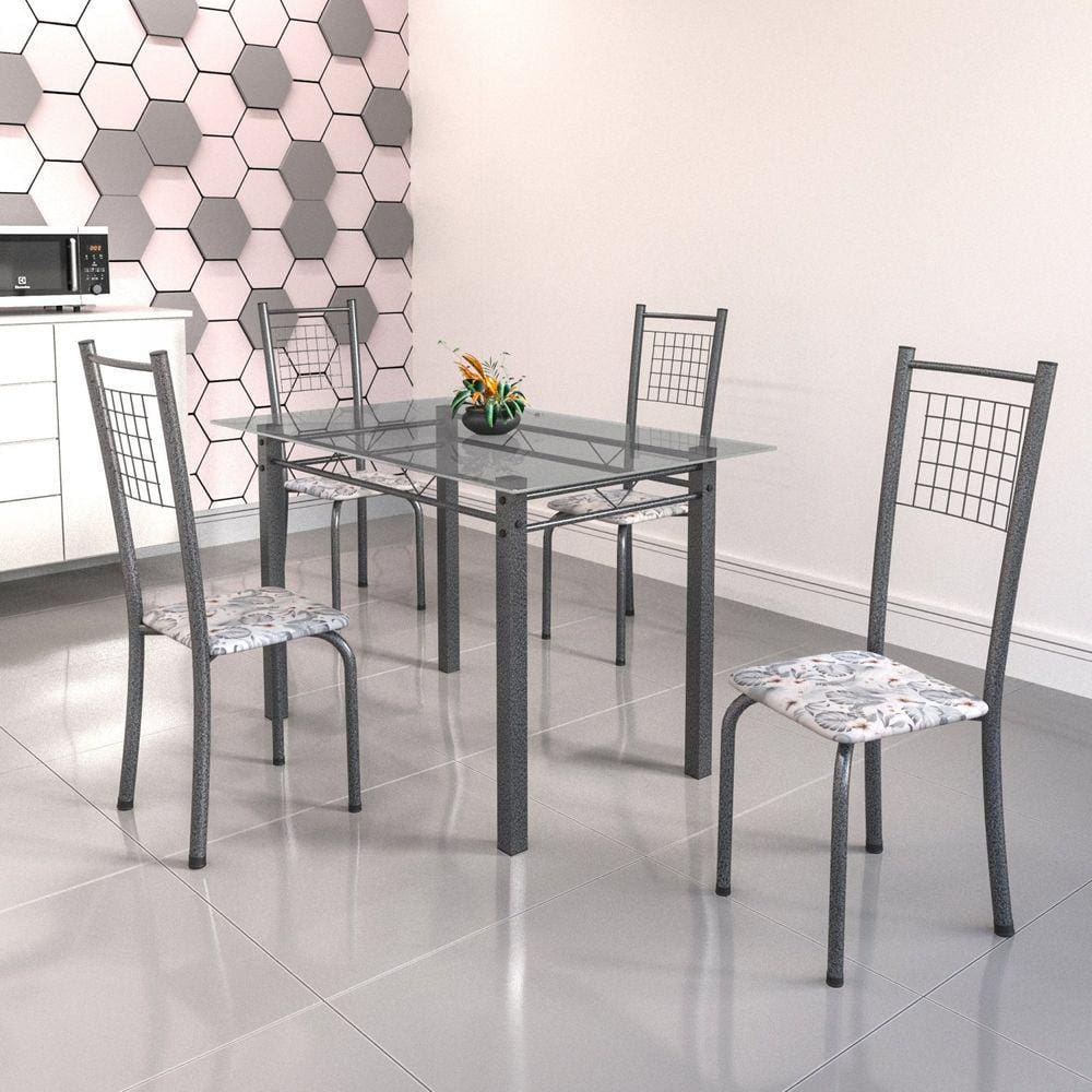 Conjunto de Mesa Tubular 4 Cadeiras 120cm com Tampo de Vidro Iza Soma Móveis Botanic Cinza/Prata
