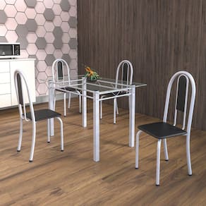 Conjunto de Mesa Tubular 4 Cadeiras 120cm com Tampo de Vidro Iris Soma Móveis Preto/Pérola