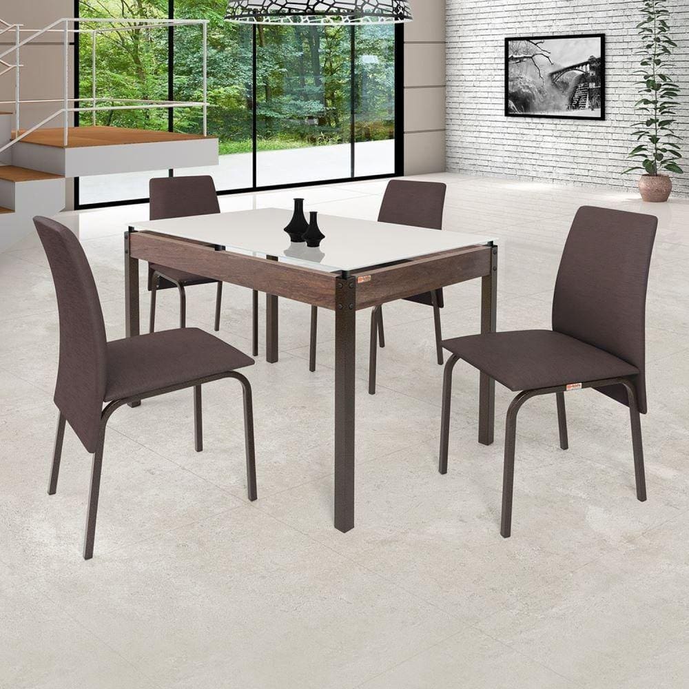 Conjunto Mesa 120cm Tampo em Vidro 4 Cadeiras Barcelona Ciplafe Bronze/Linho Marrom